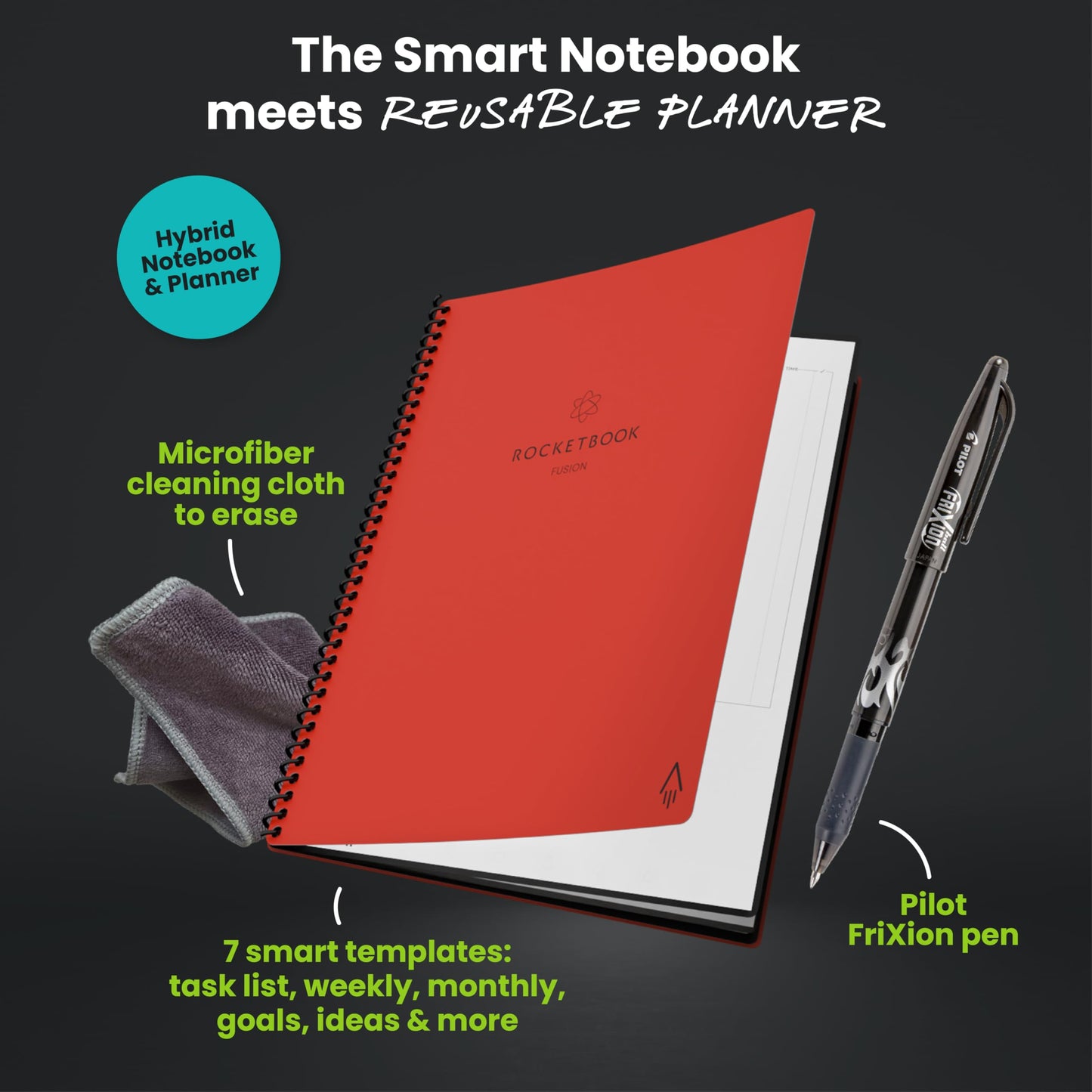 Rocketbook Fusion Hybrid Reusable Planner and Notebook in One, Additional Blank Pages, Goal and Project Tracker, Undated Planner, Executive Size 6x8.8, Grey (Pack of 1)