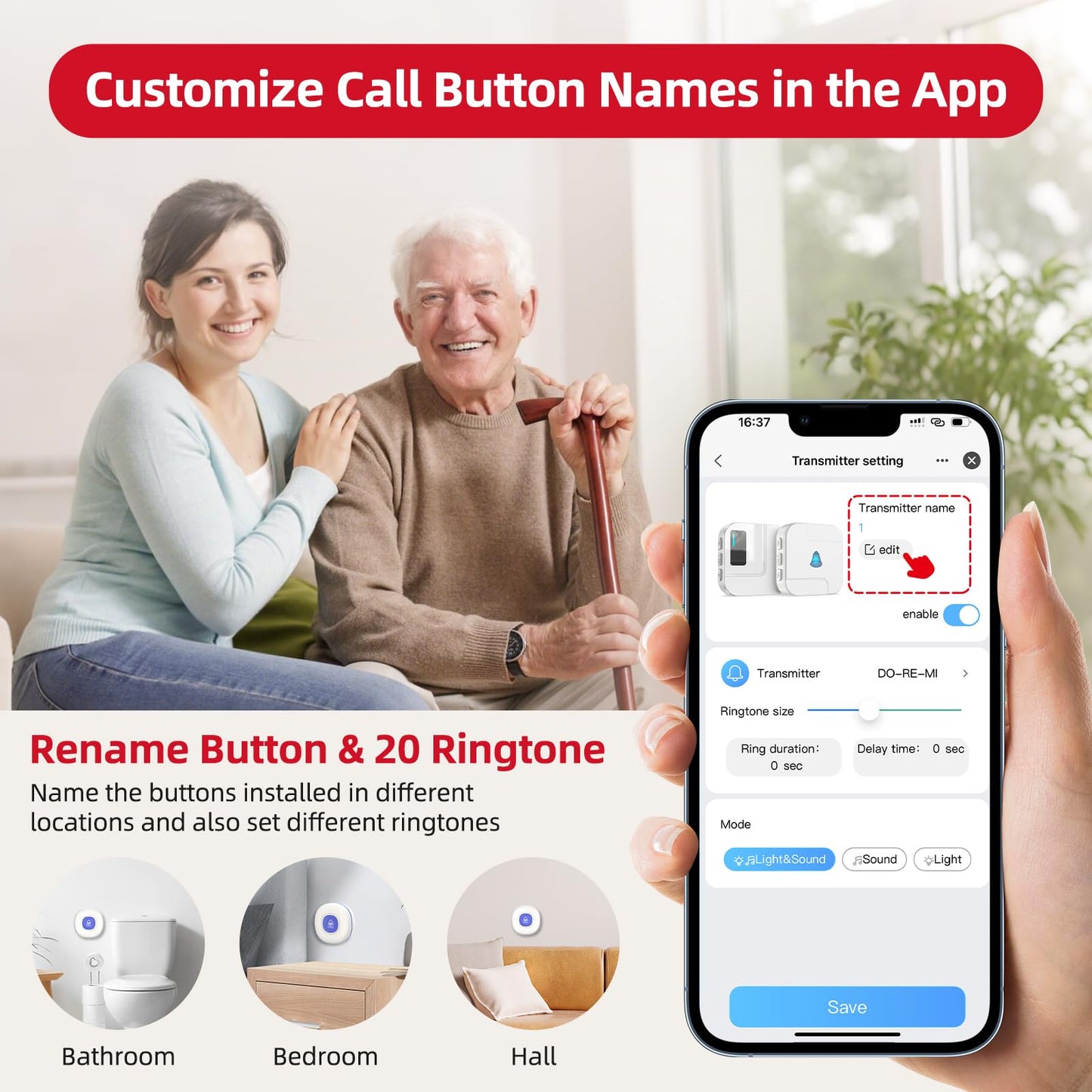 CallToU Wi-Fi Wireless Caregiver Pager Call Button for Elderly at Home , APP Emergency Alert for Seniors, Patients, and the Disabled with 1 Call Button, 1 Watch Button, 1 Receiver (2.4GHz Wi-Fi)