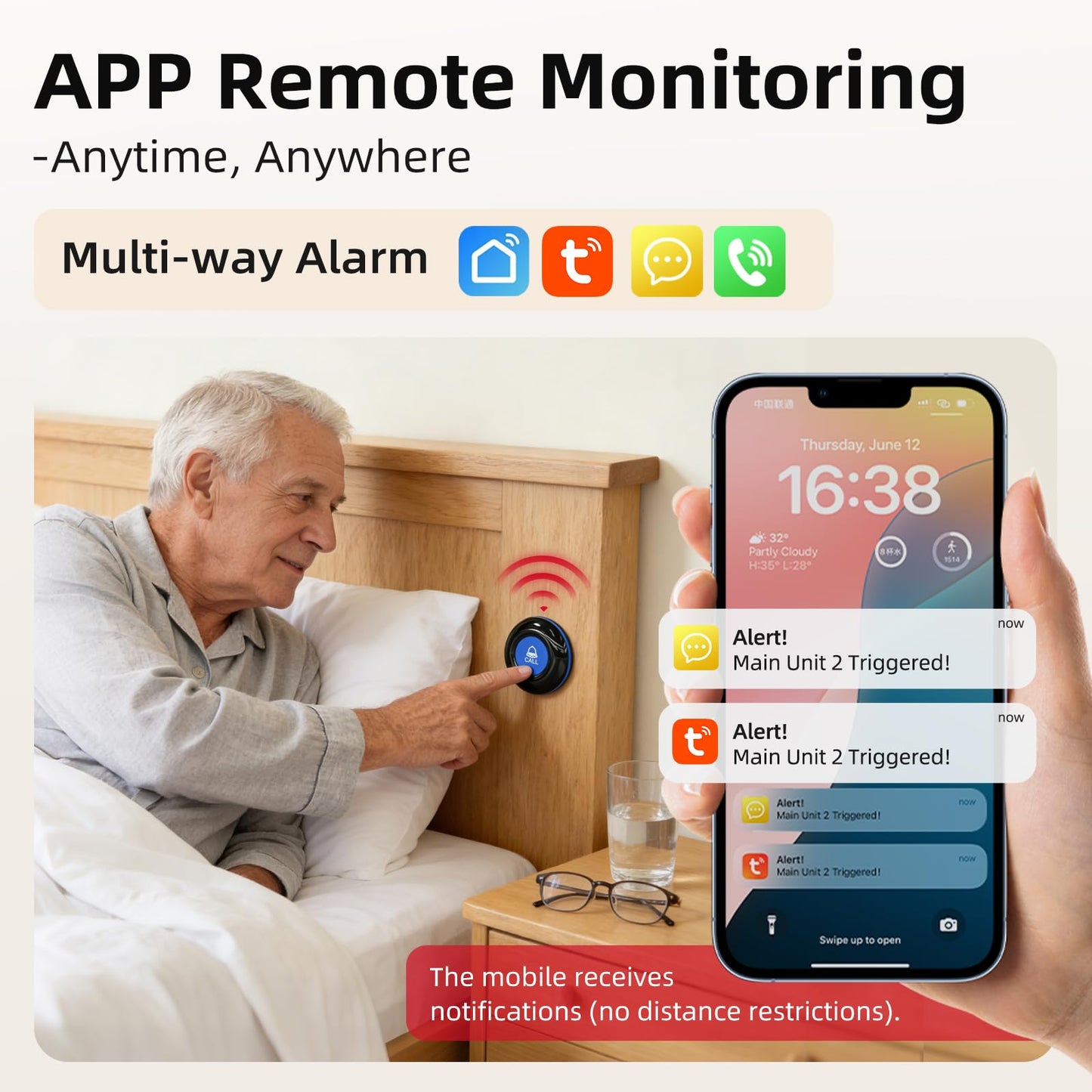 CallToU Wi-Fi Wireless Caregiver Pager Call Button for Elderly at Home, APP Emergency Alert Fall Help System for Seniors, Patients/Disabled Monitoring at Home
