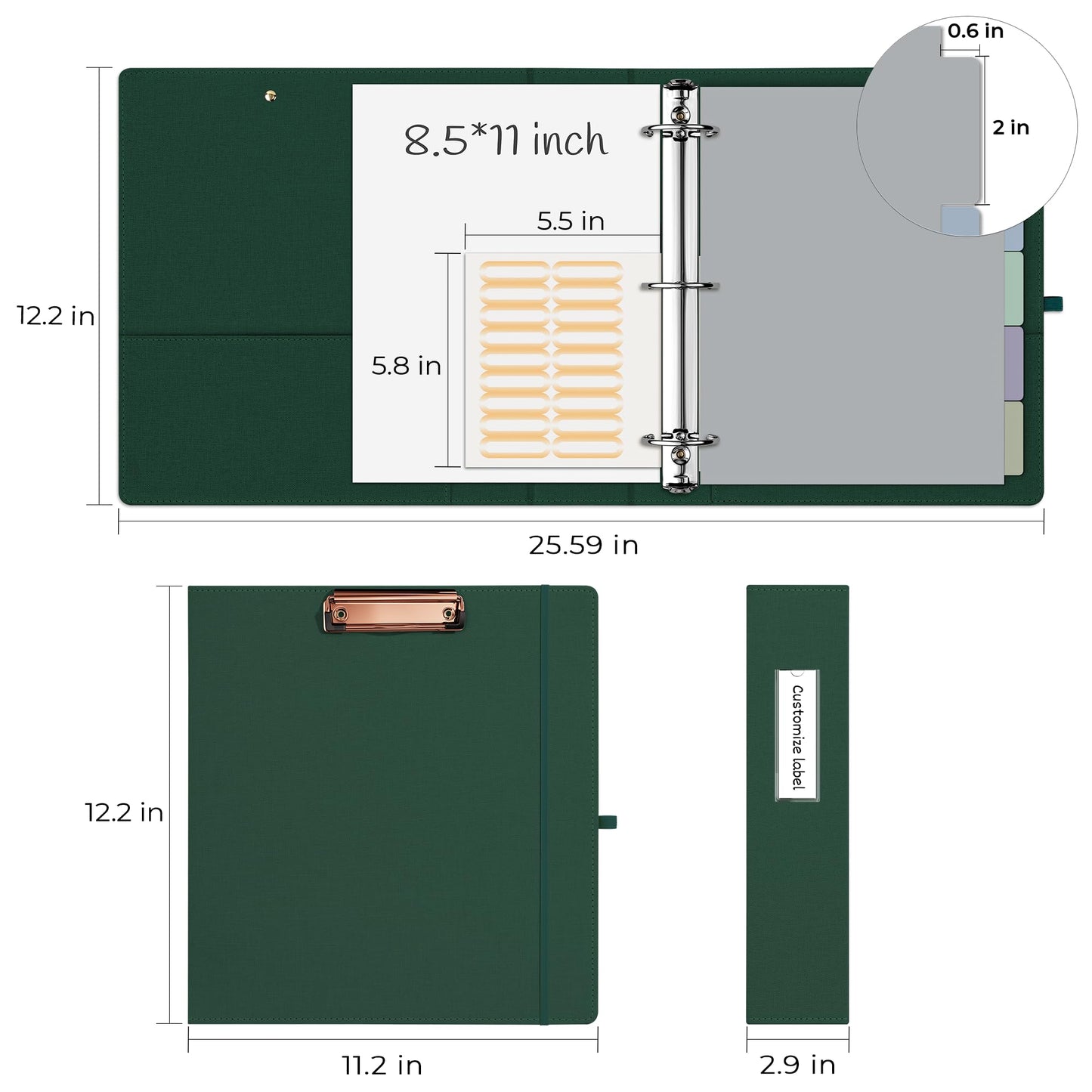 EYROZILL 3 Ring Binder 2 Inch, Binder for Letter Size (11" x 8.5") with 5 Tab Dividers, File Folder Labels and Low Profile Clipboards, Blackish Green