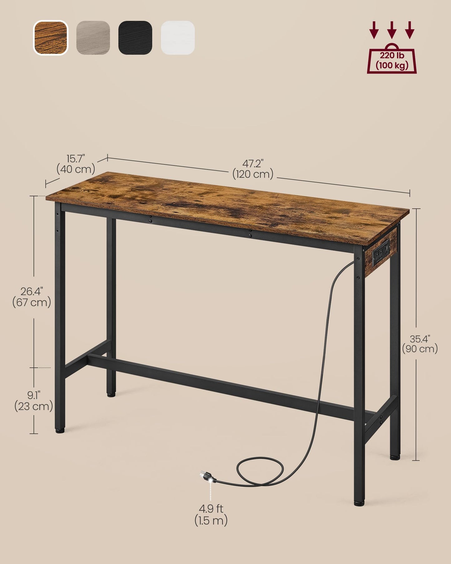 VASAGLE Bar Table, Narrow Long Kitchen Dining Table with Charging Station, Sturdy Metal Frame, Industrial, 15.7 x 47.2 x 35.4 Inches, Rustic Brown and Ink Black ULBT121K01