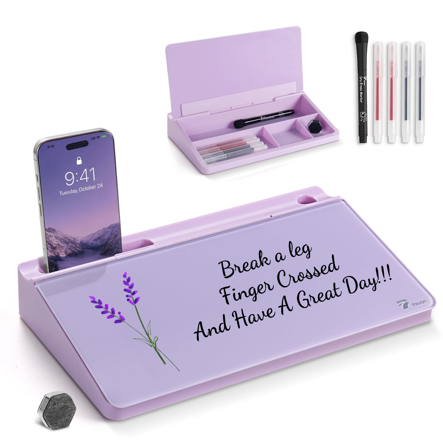 TOWON Small Compact Glass Desktop Whiteboard with Storage – 12 x 7 in Dry Erase Board for Desk, Home Office, School | Includes 5 Markers, Eraser & Holder | Space-Saving Organizer, Aesthetic Lavender