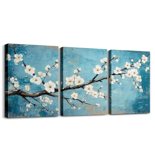 jejeloiu White Plum Blossom Canvas Wall Art for Living Room Bedroom 12"x16"x3pcs Teal Blue Picture Wall Decor for Bathroom Floral Flower Branches Office Decorations Artwork Posters Botanical Painting