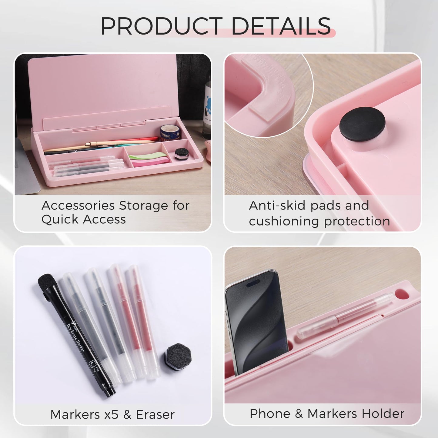 TOWON Small Compact Glass Desktop Whiteboard with Storage – 12 x 7 in Dry Erase Board for Desk, Home Office, School | Includes 5 Markers, Eraser & Holder | Space-Saving Organizer, Aesthetic Pink