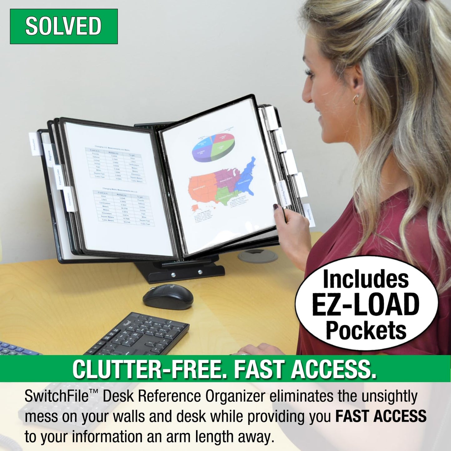 Ultimate Office SwitchFile Reference Organizer Displays Both Landscape or Portrait Documents, Desk or Wall Mount, Featuring, 10 EZ-Load Pockets to Hold 20 Sheets of Paper, Black Pockets