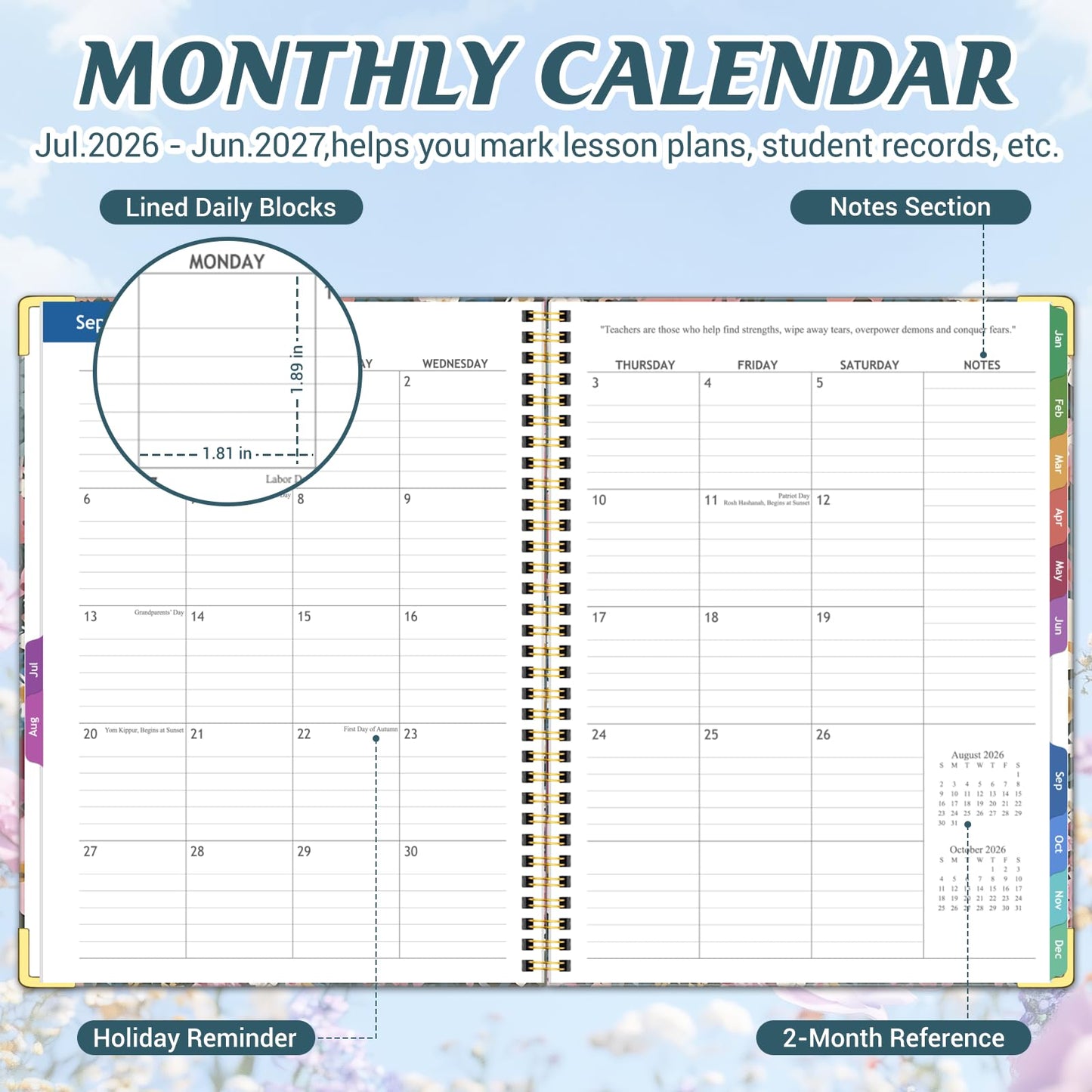 Teacher Planner 2026-2027 Academic Year, Jul.2026 - Jun.2027, 8.5" x 11" Lesson Planner Book for Teachers, Teacher Planners with Colorful Monthly Tabs, Hardcover- Flower Clusters