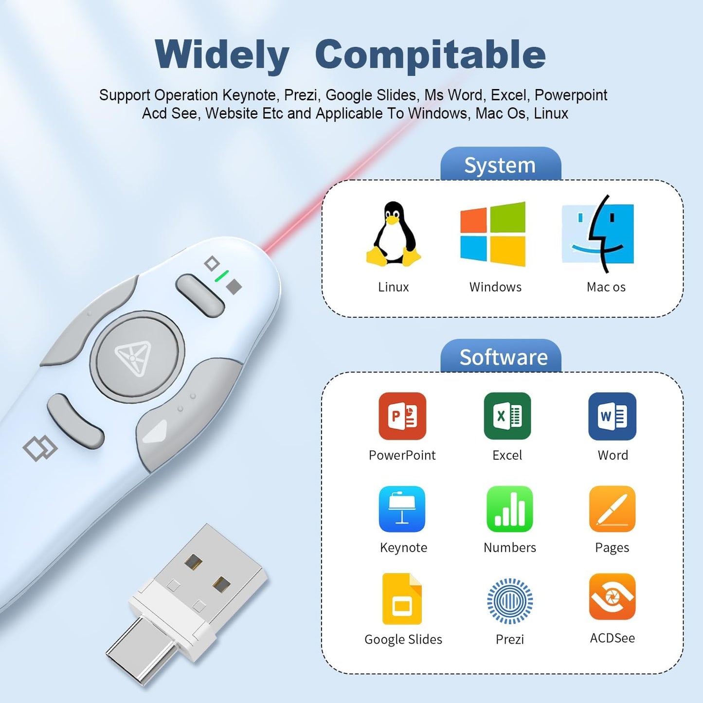 QUI Presentation Clicker Wireless Presenter Remote Clicker for PowerPoint Presentation Remote, PowerPoint Slide Advancer for Mac/Windows/Google Slide/Keynote, Blue, A-C