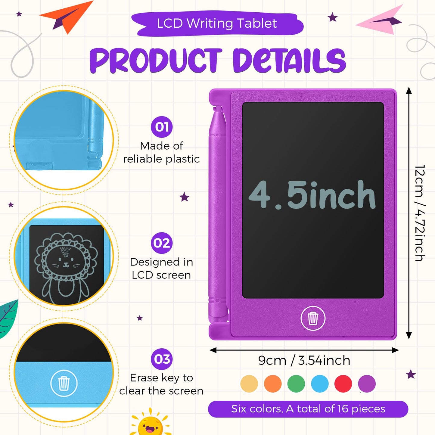 Nezyo 16 Pack 4.5 Inch Mini LCD Writing Tablet for Kids Electronic Doodle Board Bulk Erasable Drawing Tablet Reusable Writing Pad for Girls Boys Party Favor Goodie Bag Classroom Gifts(6 Colors)