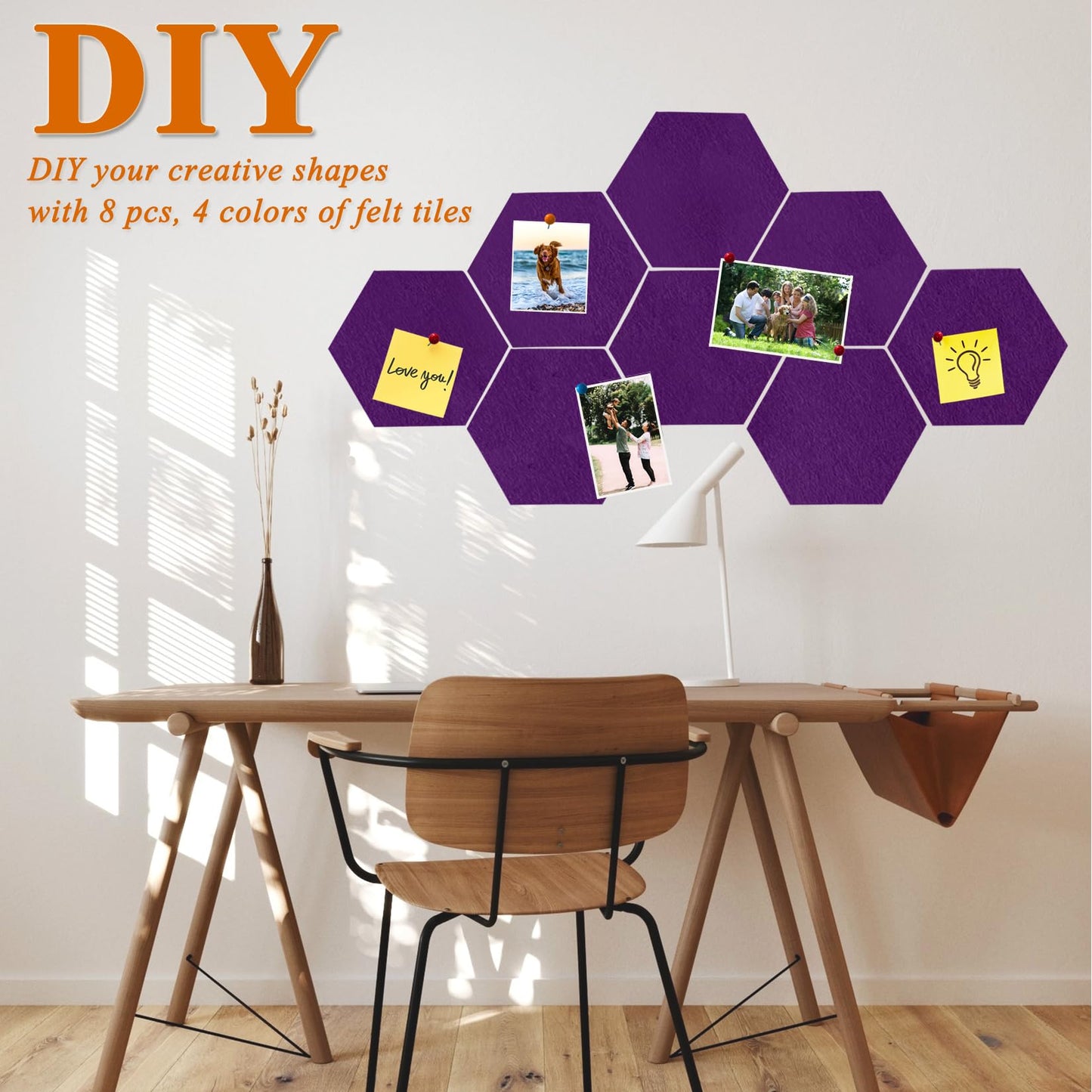 HULAVO 8 Pcs Hexagon Felt Cork Bulletin Board Tiles, Self Adhesive DIY Bulletin Board Pin Board for Office School Home Wall Decor Memos Photos Display(Purple)