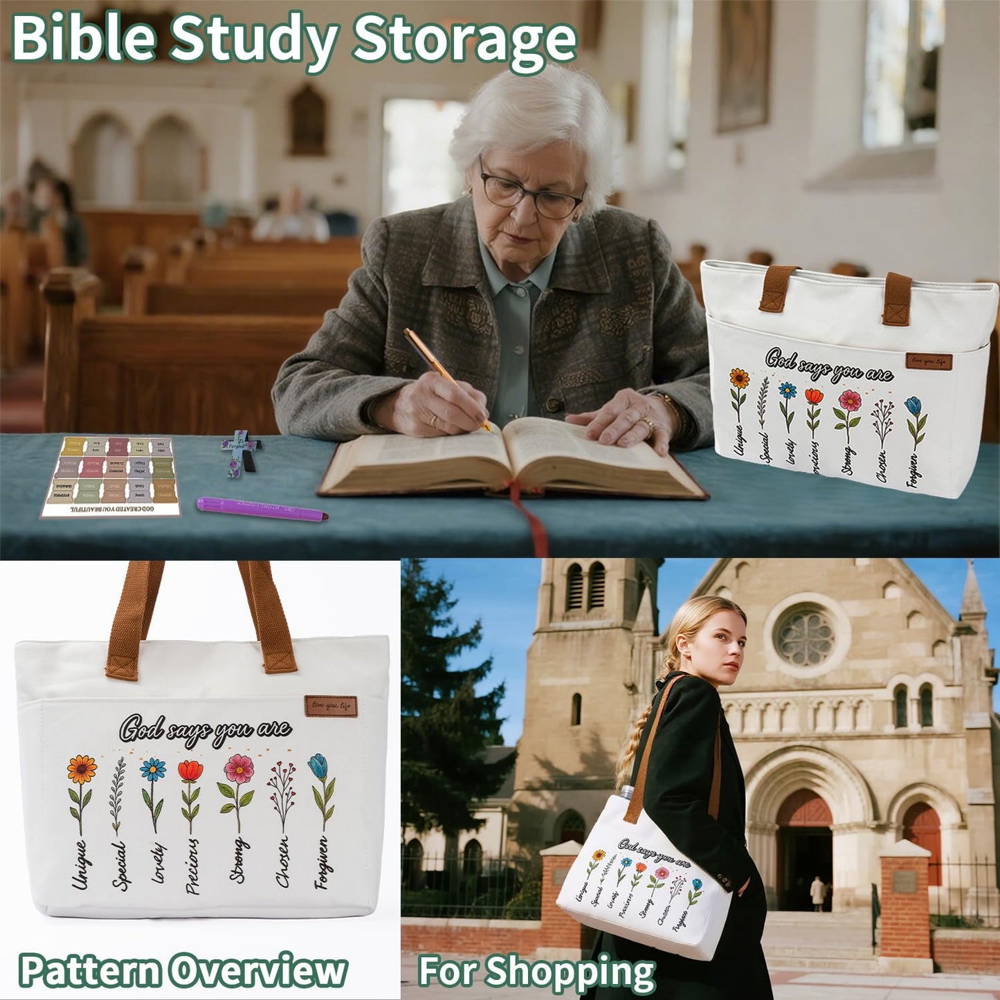 25 PCS Bible Study Supplies Kit, Large Capacity Canvas Tote Bag for Women Organizer, Bible Highlighters and Quick Dry Pens No Bleed Through, Notebook Bible Tabs Cross Bookmark Journaling Accessories