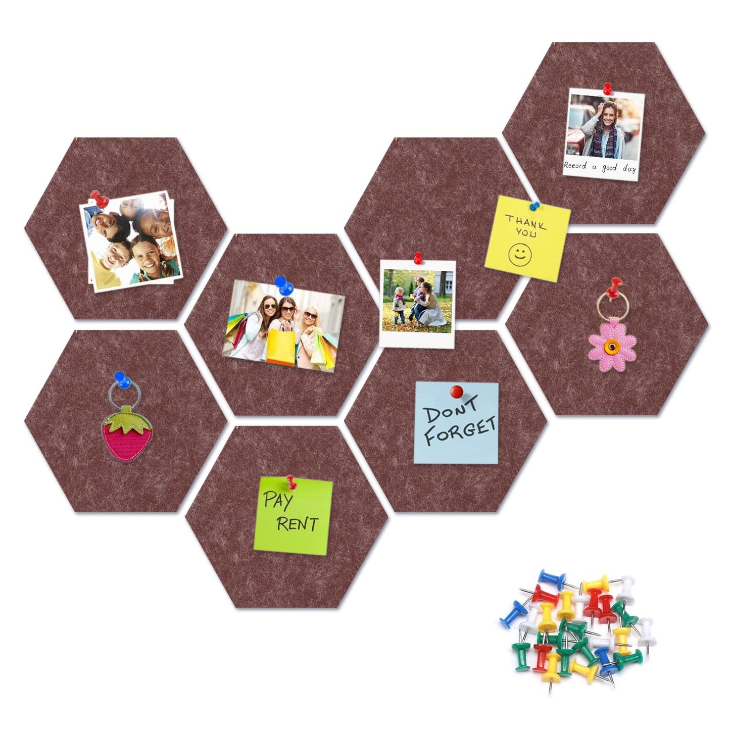 8 Packs Brown Hexagon Felt Pin Board, 12" Bulletin Board with 30 Push Pins, Felt Board for Home Kitchen Office Decor, Self-Adhesive Corkboard Tiles for Walls Message Photos Memos Display