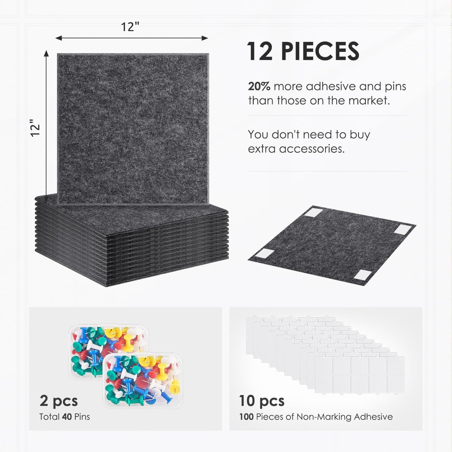 Large Cork Board for Walls 48"x36" |Cork Board Alternative| 12 Pack Felt Wall Tiles| Dark Gray Bulletin Board with Removable Adhesive | Cork Boards Pinboard for Office Home Classroom，Dark Gray