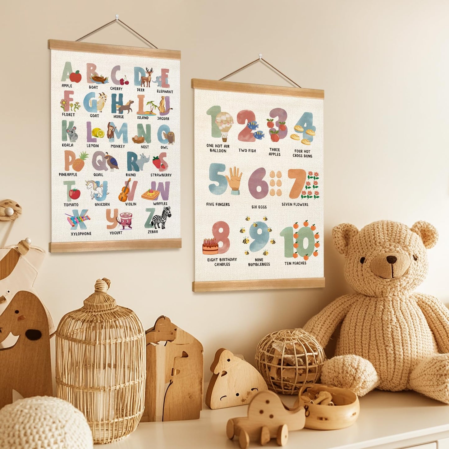 ZTGDA Cute Alphabet Numbers Poster Set of 2, Alphabet Numbers Wall Art, ABC Banner Poster, Wall Hanging Decor for Toddler Room Playroom Nursery Wall Classroom Decor 12x16In(ABC+123)