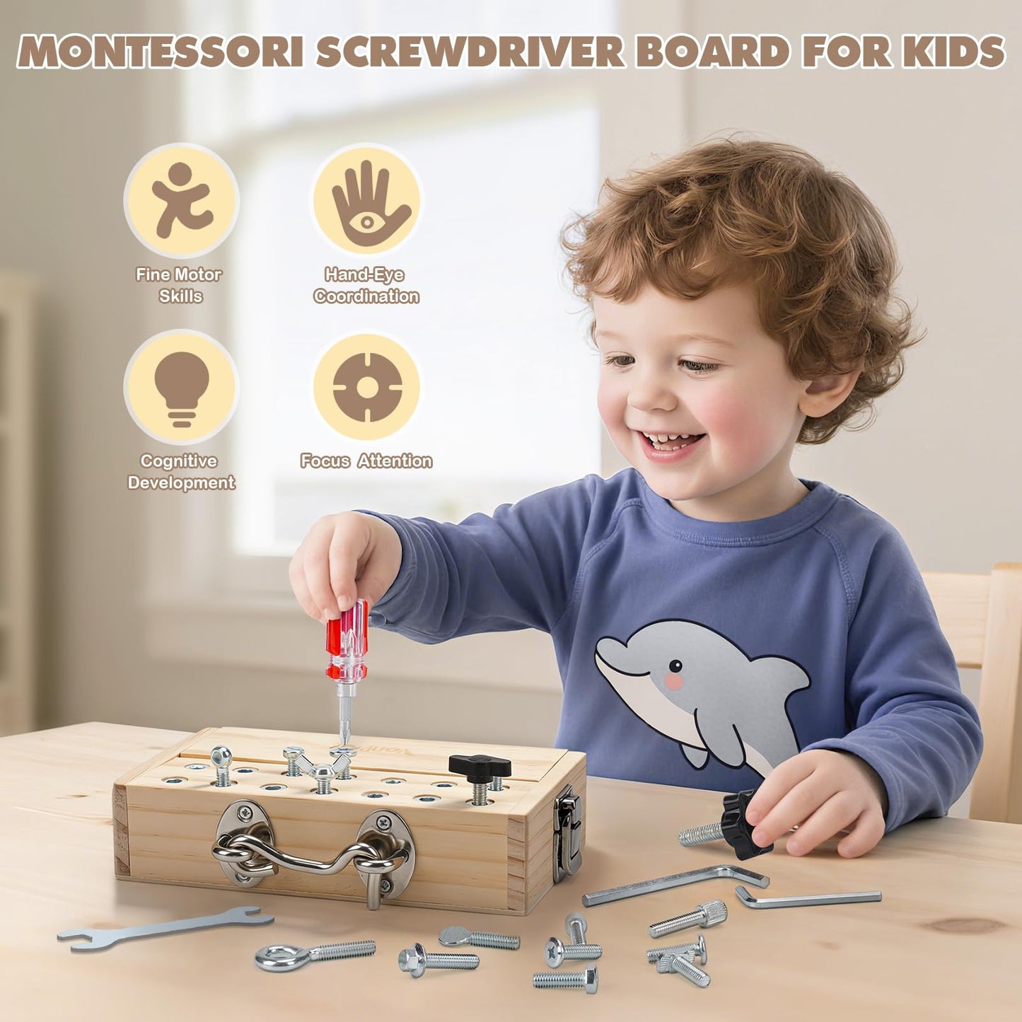 Vanplay Busy Board Toys for 3 4 5 Year Olds Boy Birthday Gifts, Montessori Toys for 3 Year Old, Screwdriver Board Set with Lock and Key - Wooden Kid Tool Set Educational Learning Toys for Kids 3-6