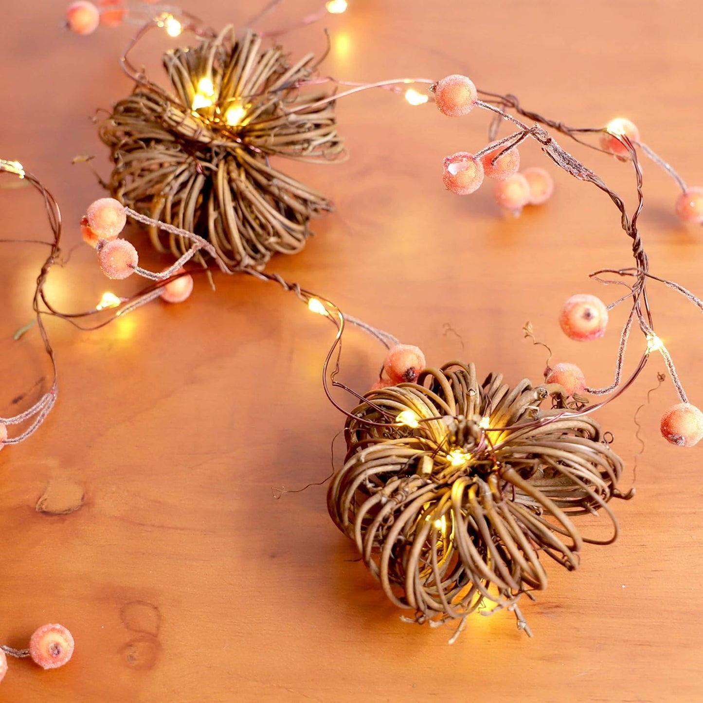 SUNSET HOME Rattan Pumpkin String Lights 10ft 30 LEDs Battery Operated Orange Fall Garland with Remote for Halloween Thanksgiving Decor
