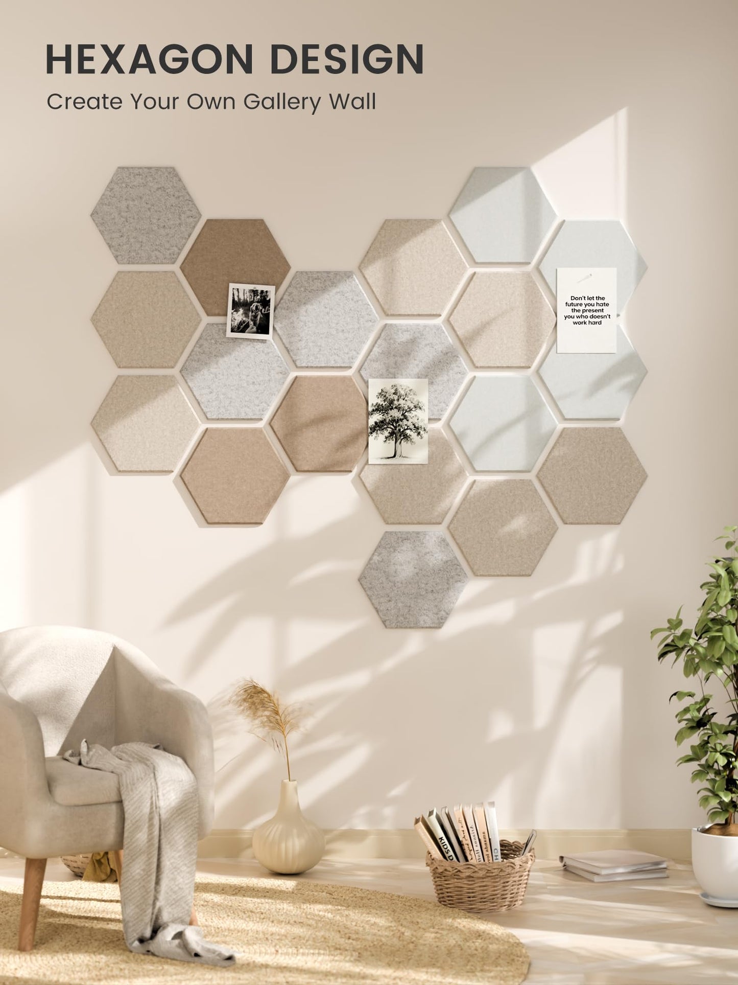 Fluxynara Hexagon Cork Board Alternative for Walls Decor-8-Pack Felt Bulletin Board Tiles,with 30 Pushpins,50 Adhesive Tabs for Office,Classrooms & Home Pin Board Felt Board-Stone Beige