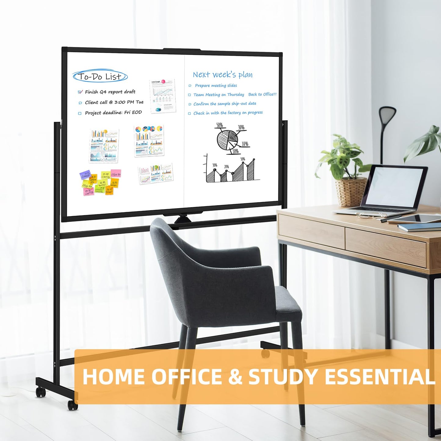 WALGLASS Rolling Dry Erase Whiteboard, 48"x36" Double-Sided White Board on Wheels, Large Portable White Board with Stand, Black Mobile Standing Whiteboards for Office, Home, School 4x3 ft