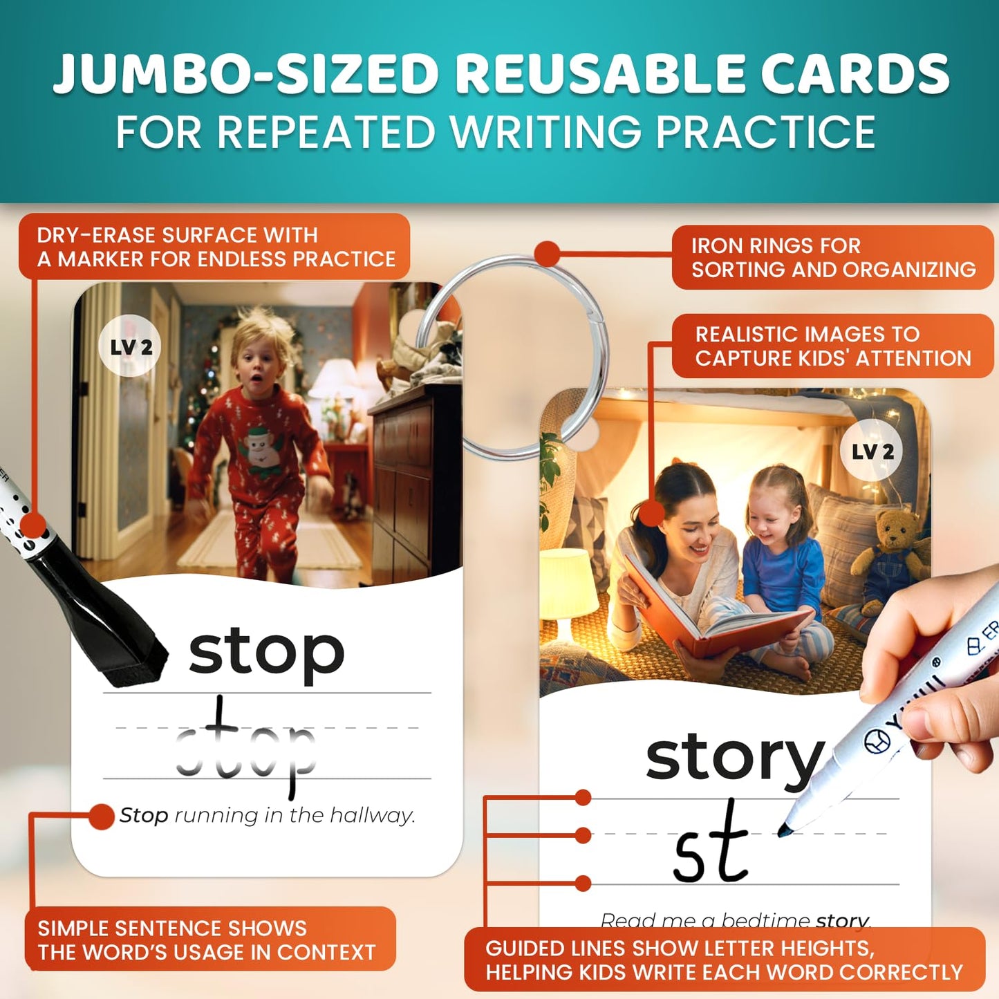 QUOKKA 520 Sight Words Flash Cards for Kids Adults – from Pre-K to 3rd Grade – 5 Levels & Bold Font & Jumbo Size & Dry Erase Cards with Realistic Images & Rings – Based on Dolch & Fry Word Lists