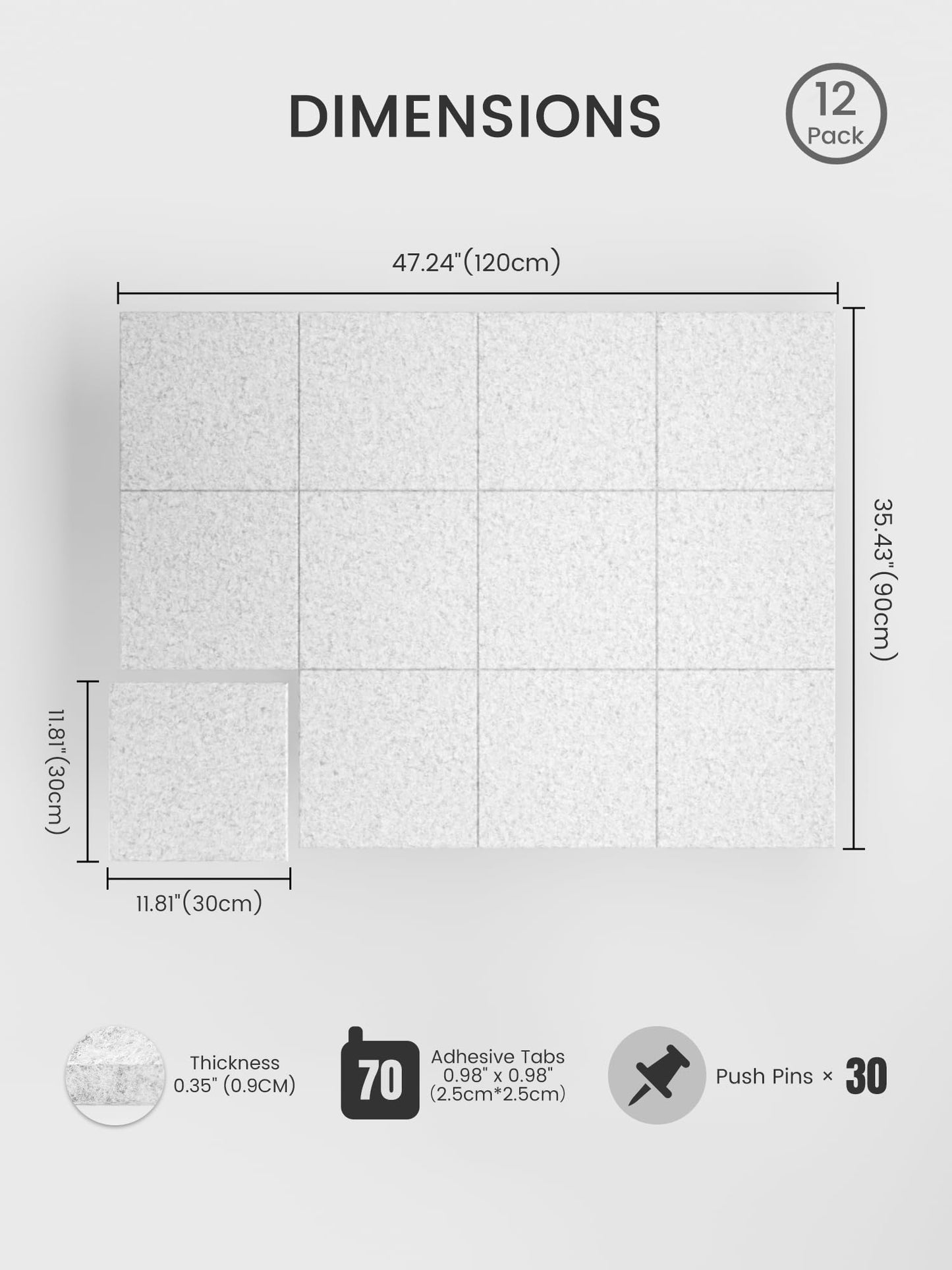 Bumusty Large Cork Board 48" x 36" Alternative - 12 Pack Felt Wall Tiles with 70 Safe Removable Adhesive Tabs, 30 Pushpins, Cork Boards for Walls Pin Board Bulletin Board Office Decor (Light Gray)