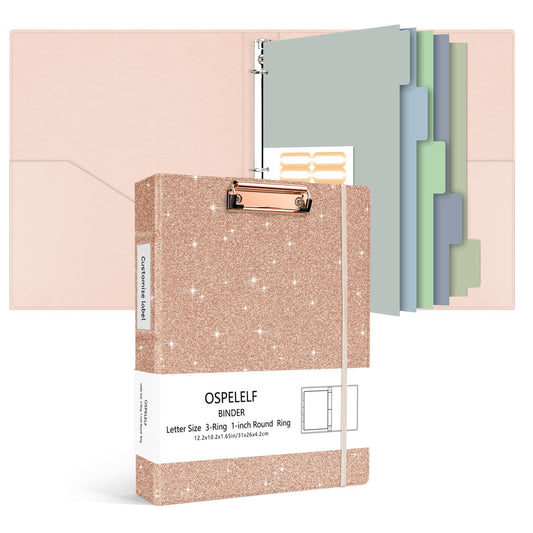 Ospelelf 3 Ring Binder 1 Inch, Vintage Leather Clipboard Binder Organizer for Letter Size (8.5" x 11"), Professional Binder Organizer Dividers with 5 Tabs, Rose Gold