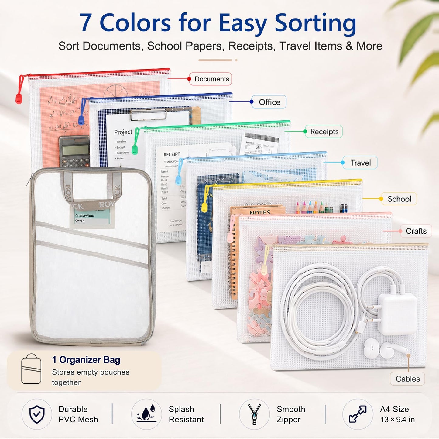 ROYPACK 7 Pack PVC Mesh Zipper Pouch Set with 1 Organizer Bag A4/Letter Size Translucent File Bags Water-Resistant Plastic Document Pouches for Office College School & Travel Supplies (8pcs)