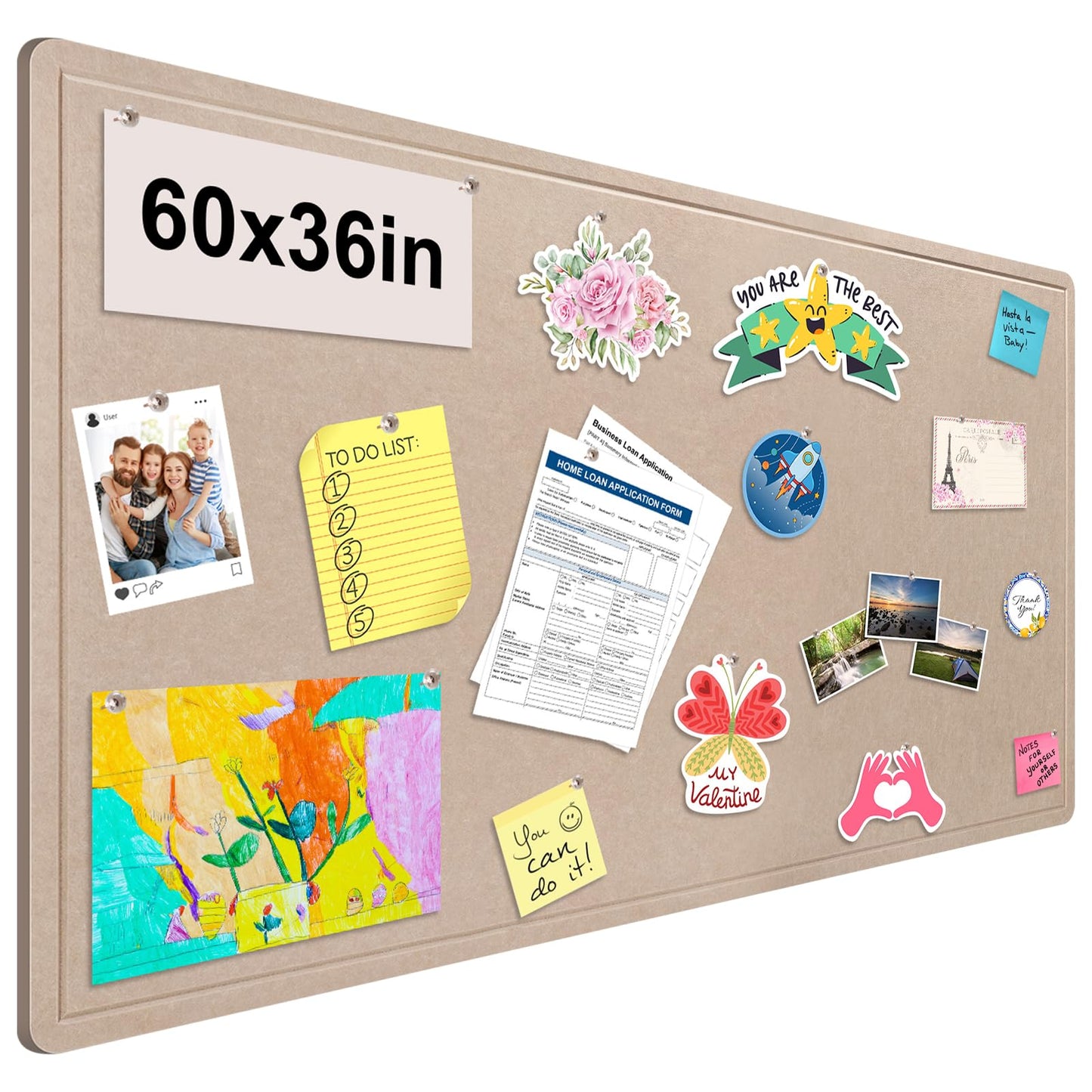Foldable Large Bulletin Board, 60x36 Inches Cork Board Alternative, Large Felt Board Decorative Pin Board for Wall, Foldable Photo Board Self-Adhesive Vision Board with 36 Pushpins Khaki