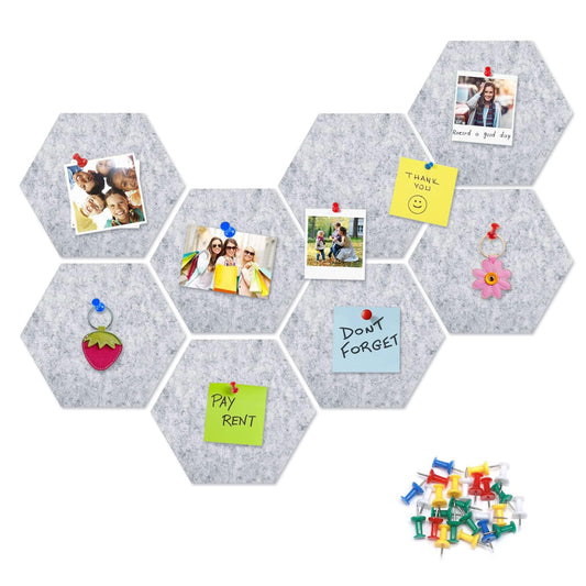 8 Packs Light Grey Hexagon Felt Pin Board, 12" Bulletin Board with 30 Push Pins, Felt Board for Home Kitchen Office Decor, Self-Adhesive Corkboard Tiles for Walls Message Photos Memos Display
