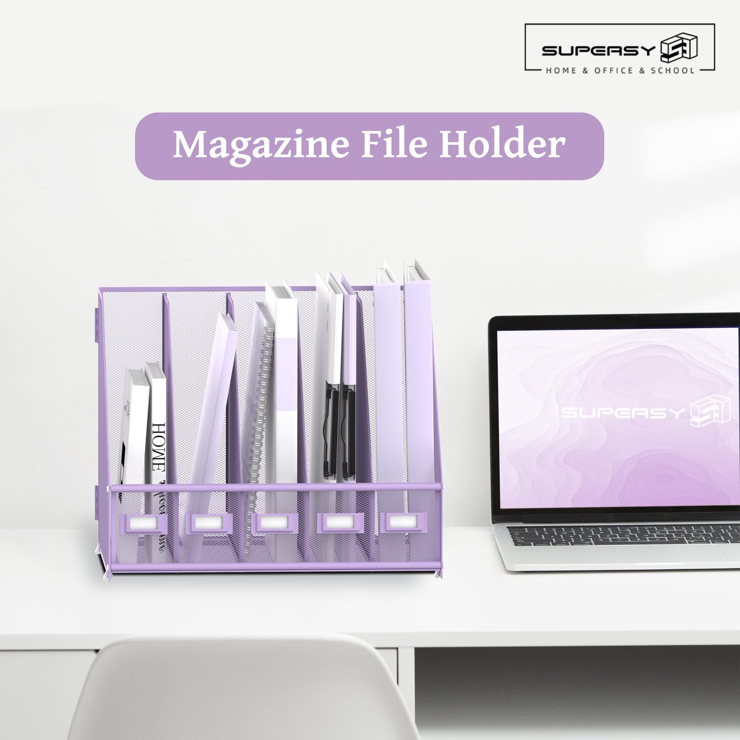 SUPEASY Desk Organizers Metal Desk Magazine File Holder with 5 Vertical Compartments Rack File Organizer for Office Desktop, Classroom, Home Workspace, Purple