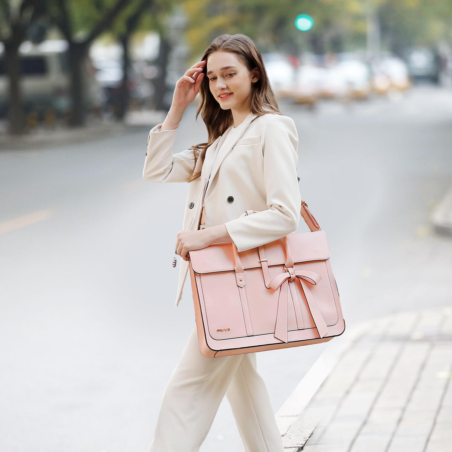 MOSISO Laptop Bag for Women, 15-15.6 inch PU Leather Laptop Shoulder Bags Convertible Backpack, 16 inch Messenger Bags Casual Handbag Work Briefcase Travel Computer Bag with Bowknot, Pink