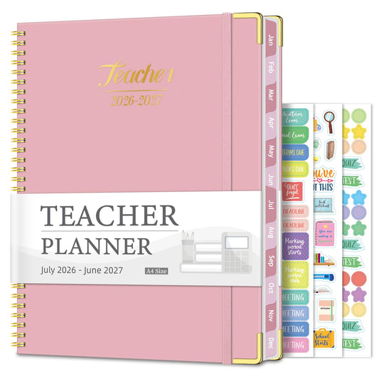 Teacher Planner 2026-2027, Jul 2026-Jun 2027 Academic Year, 8.5" x 11" Lesson Planner Book for Teachers Calendar, Spiral Bound Planners, Colorful Monthly Tabs, Hardcover, Corner Protectors - Pink