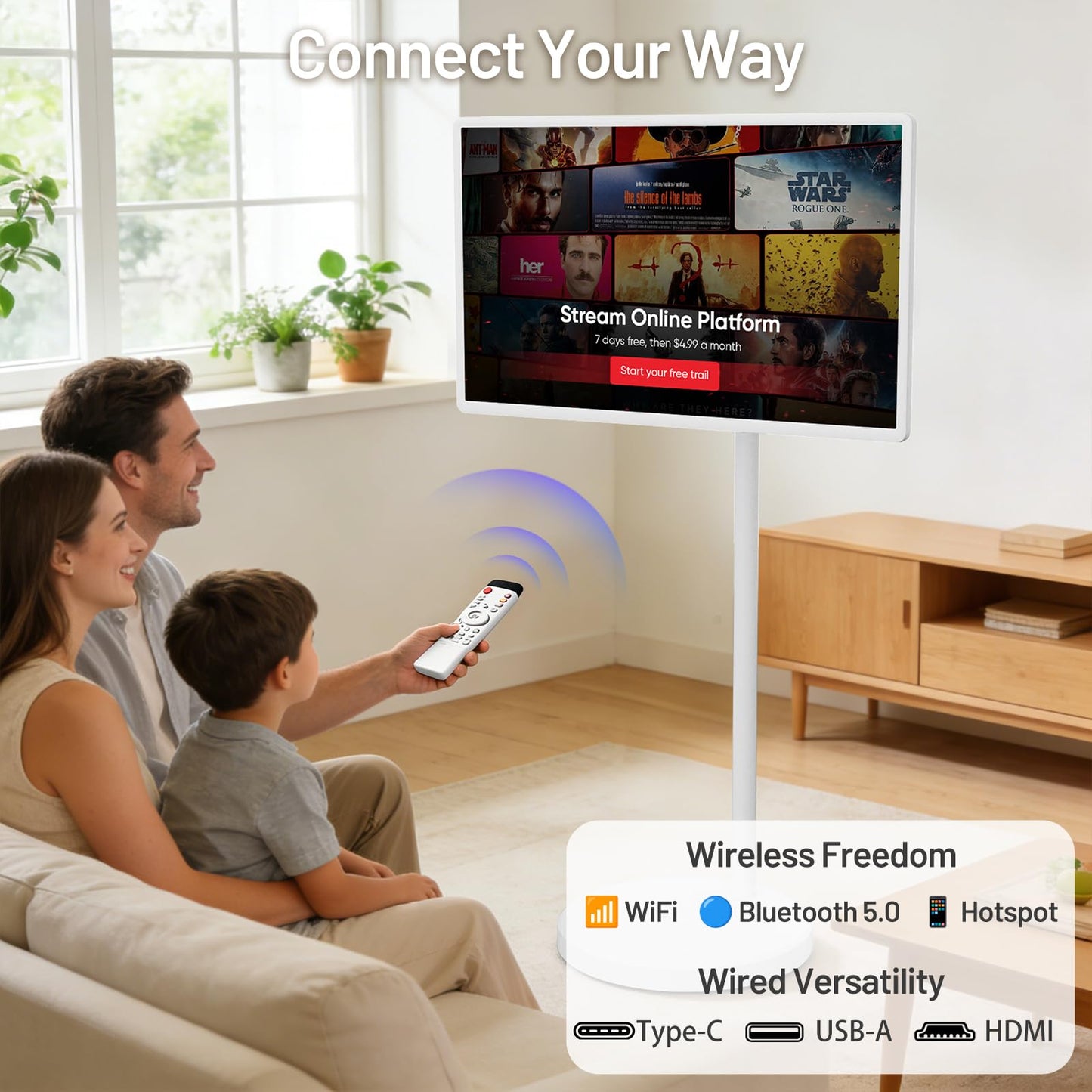 KEFEYA 32-Inch Portable Smart TV, Rolling TV on Wheels, Android 15 OS, 8G RAM + 128G Storage, 1080P Full HD Touch Screen Monitor, 6–8 Hour Built‑in Battery, Full Swivel Rotation, Voice Remote Control