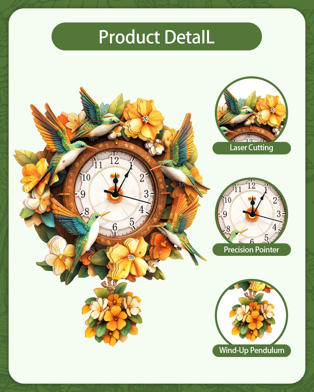 Rnfinewow 3D Wooden Puzzles for Adults, Hummingbird Clock with Pendulum Model Kit, 3D Puzzles for Adults Room Home Decor DIY Wall Clock Kit, Holiday Birthday for Men Women Teens