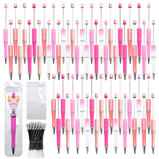 DASTTUIS 150 Pieces DIY Beadable Pen Kit – 50 Plastic Ballpoint Pens with Refills & Bags – School Supplies, Office Accessories & Decorative Items for Students & Teachers （Pink）