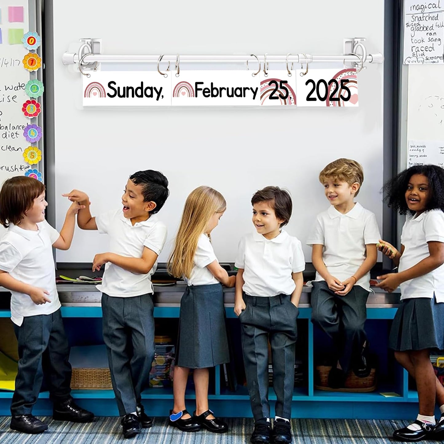 Flip Calendar Bulletin Board Set Classroom Decorations for Whiteboard with Adjustable Flip Calendar Rod Holder Date Cards Days of The Week for Classroom School Supplies(Boho)