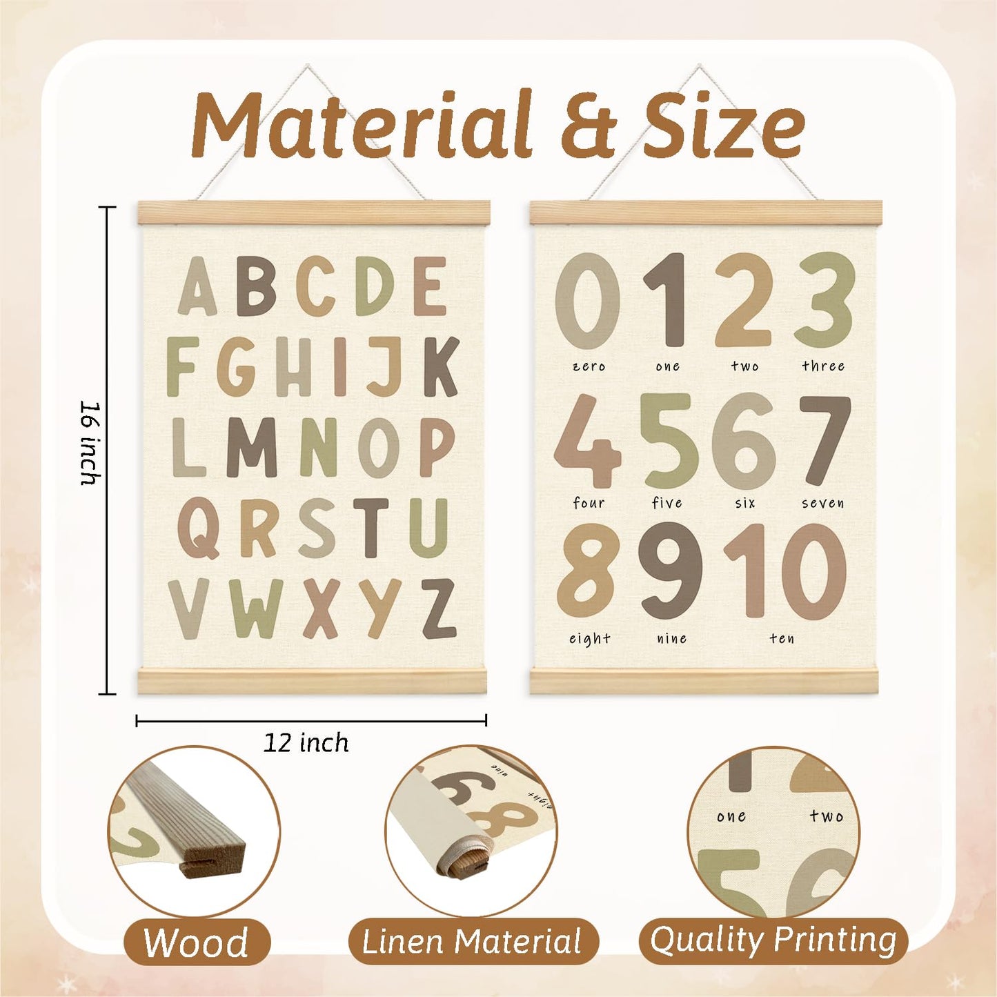 Lacama Boho ABC Alphabet Wall Chart for Toddlers | ABCs & 123s Kids Learning Educational Gift for Toddler, Neutral Wall Decorations for Pre-School Classroom Nursery Homeschool Poster Hanger