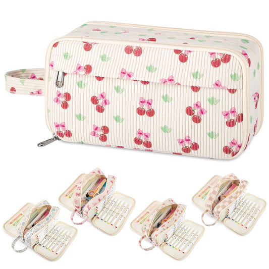 ARUICO Cute Corduroy Pencil Case Pouch with Convenient Handle,Extra Large 4 Compartments Multiple Pockets Markers Crayons Storage Organizer,Stylish Pen Case for Teen Girls College (Cherry)