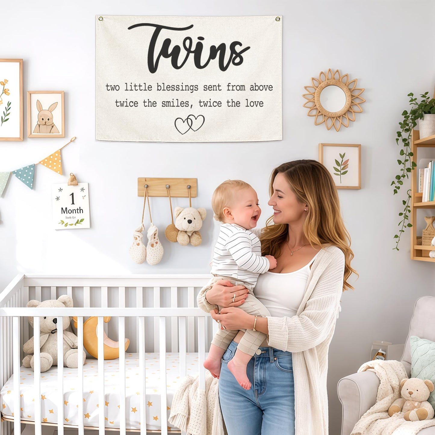 Twin Room Sign Canvas Banner-Nursery Wall Decor Rectangular Flag Sign for Baby Kids Newborn Nephew,Bedroom Baby Room Door Decoration,Twins Two Little Blessings Quote,Christmas Gift 28.5"L x 20"W