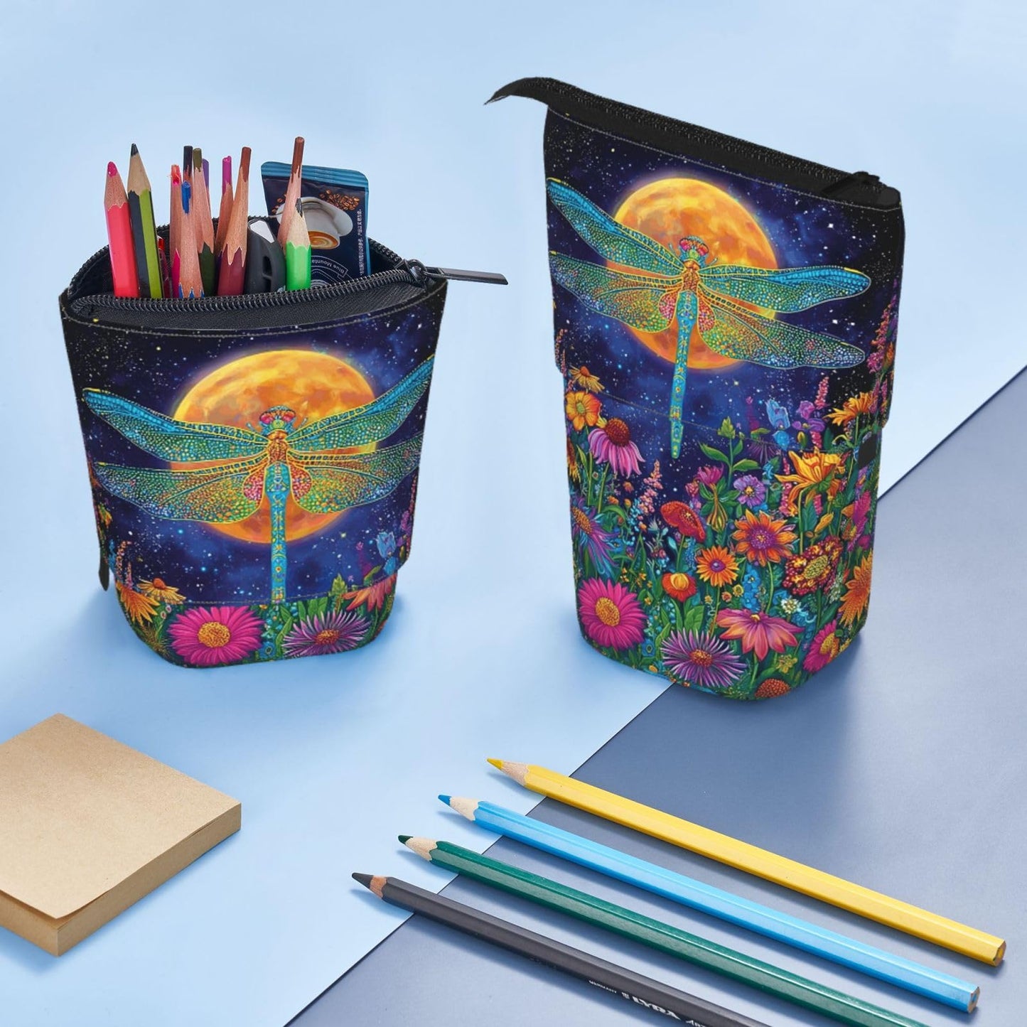 Tezmd Dragonfly Moon Standing Pencil Case Cute Telescopic Stationary Pouch with Zipper Large Capacity Stand up Pen Bag Portable Makeup Holder for School Office Supplies