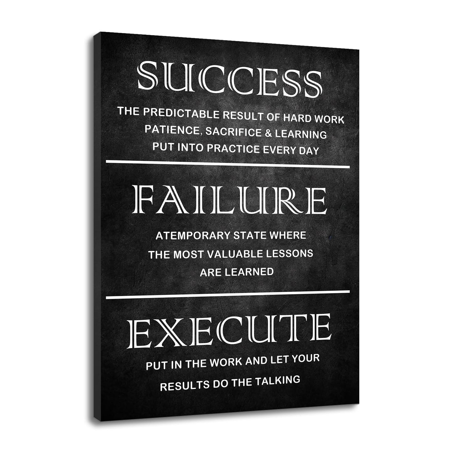 PJQART Inspirational Posters for Office, Success Failure Execute Typography Canvas Poster, Black Textured Single Panel Wall Decor for Home Office Dorm Classroom, 24x18 Inch