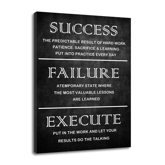 PJQART Inspirational Posters for Office, Success Failure Execute Typography Canvas Poster, Black Textured Single Panel Wall Decor for Home Office Dorm Classroom, 24x18 Inch