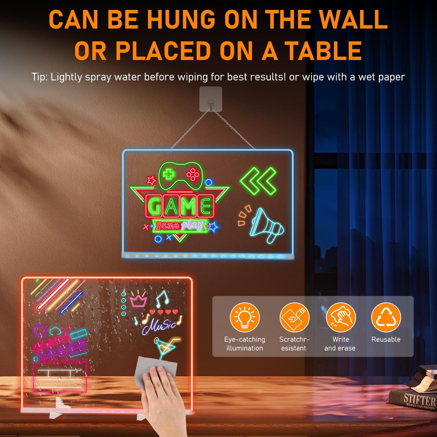 LED Note Board with Colors, 13.8"X10" 4 Modes & 7 Colors Rewritable LED Acrylic Drawing Board, Holiday Trend Gift, for Schools, Home Offices