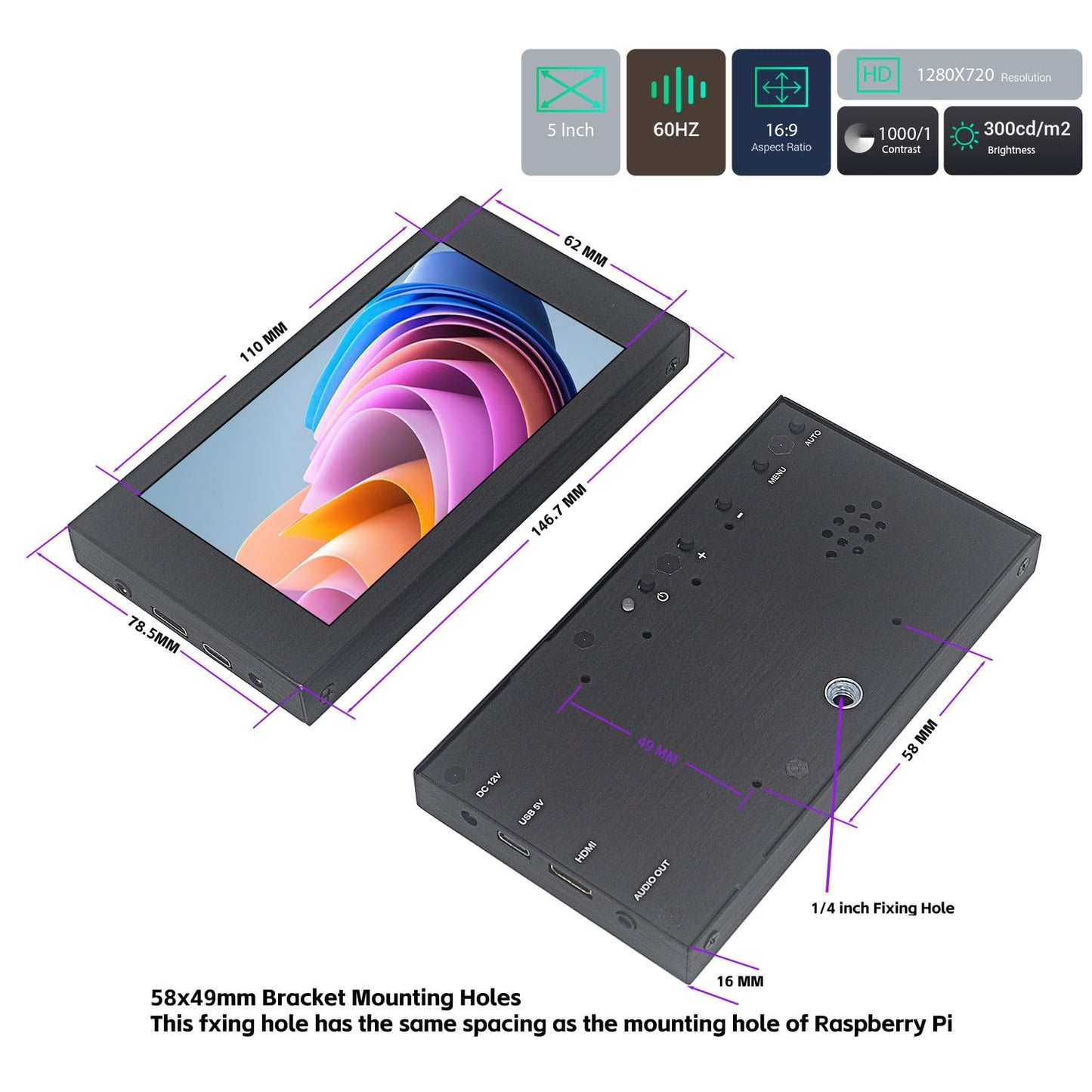 VIEWMEI 5 inch IPS Small Hdmi Monitor 1280 * 720 Mini LCD Screen Portable Display Monitor