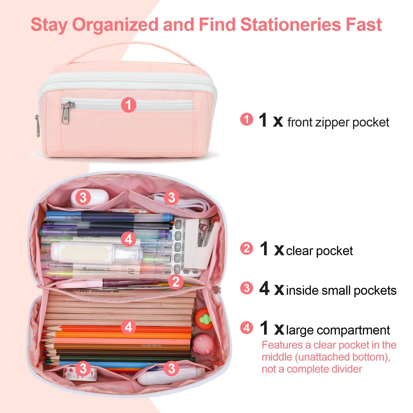 BrainyBees Large Capacity Pencil Case - Pencil Pouch for Teen Girls, Aesthetic Pouch Organizer with 8 Compartments, Wide Opening Marker Bag for Middle High School College, Fits Calculator, Pink