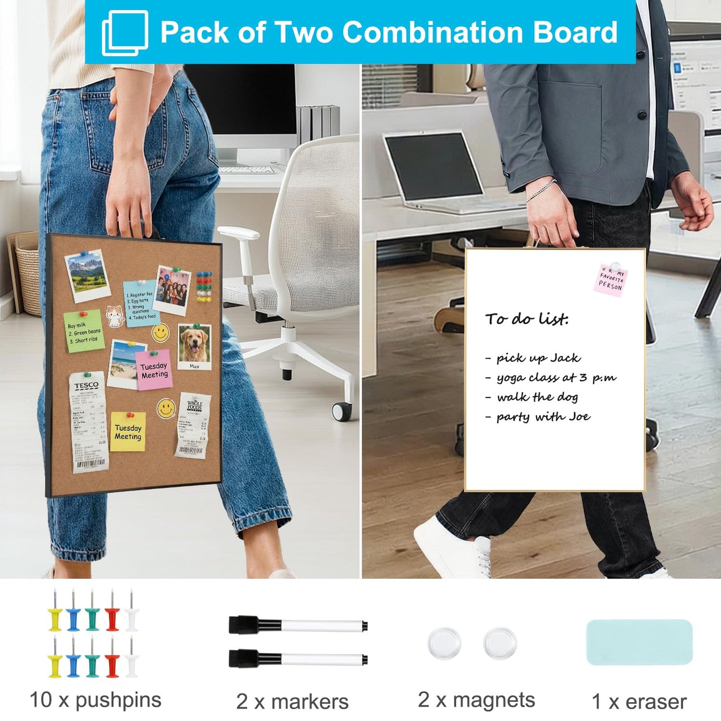 Small Whiteboard Cork-Board Combination for Wall - 16" x 12" Portable Aluminum Frame Magnetic Dry Erse Board Mini Bulletin Cork Board 2 Pack with Holder for School, Office, Home