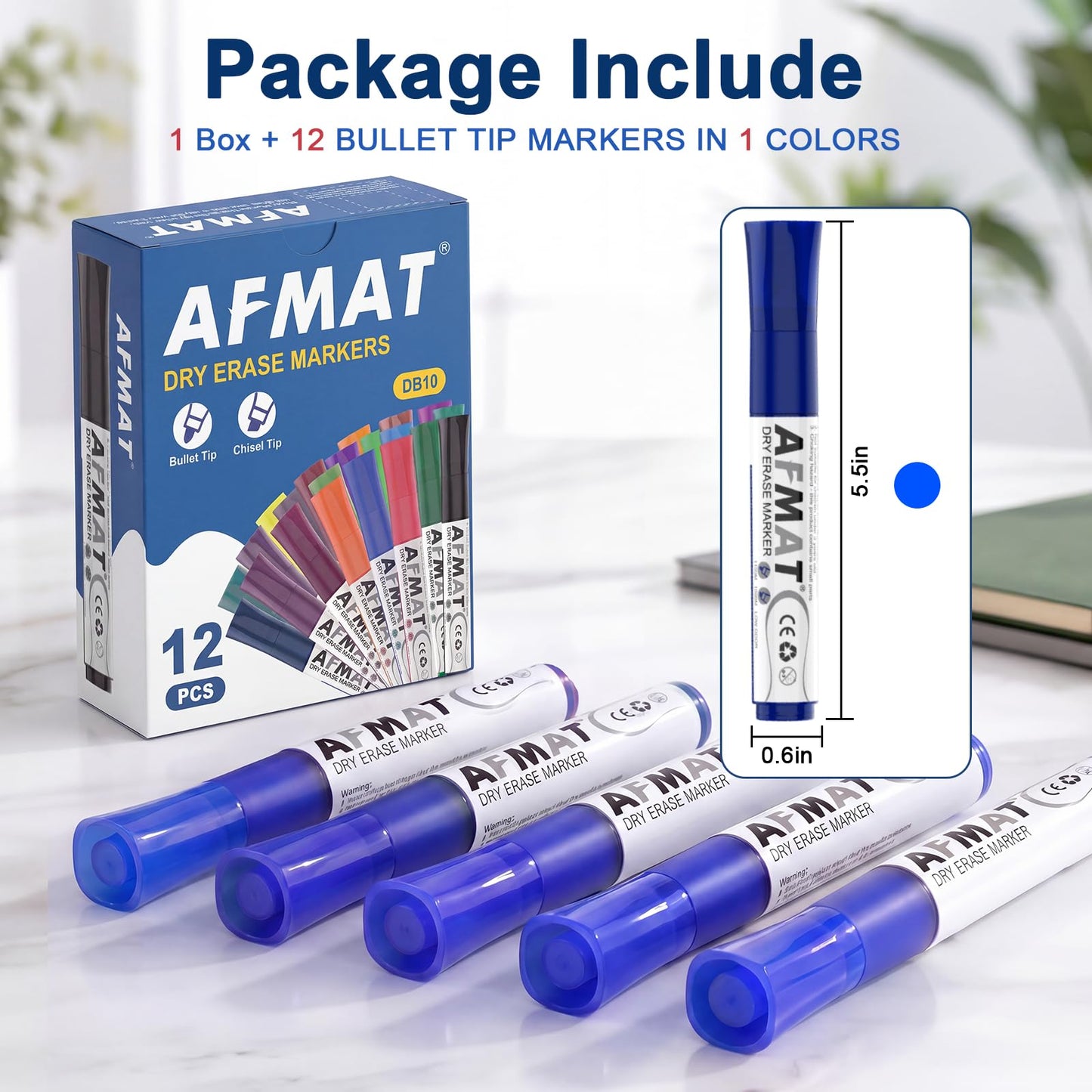 AFMAT Dry Erase Markers, Liquid Bullet Tip Whiteboard Markers with Visible Ink Window, Low Odor & Non-Toxic, 3X Large Capacity, No Residue for White Board, Classroom, Office, Home, Bright Blue,12 Pack
