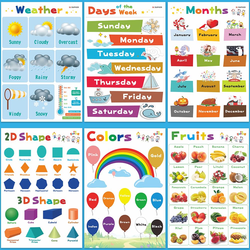 SK SUPKER 18 Toddlers Educational Learning Posters Classroom Wall Decorations Preschool Teaching for Baby Kids Teaching Numbers, ABC Alphabet Chart, Shapes, Days of The Week