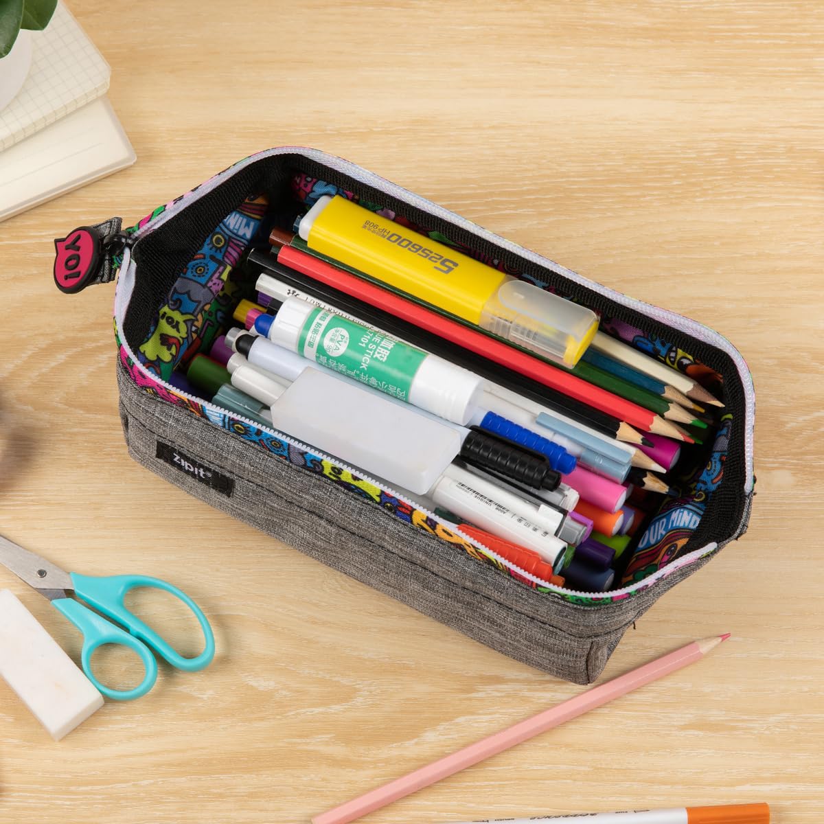 ZIPIT: Lenny Pencil Case - Grey & Doodles - Large Storage Capacity Zipper Pouch, Makeup-Stationery Bag, School, Washable Polyester, Kids-Teens-Adults