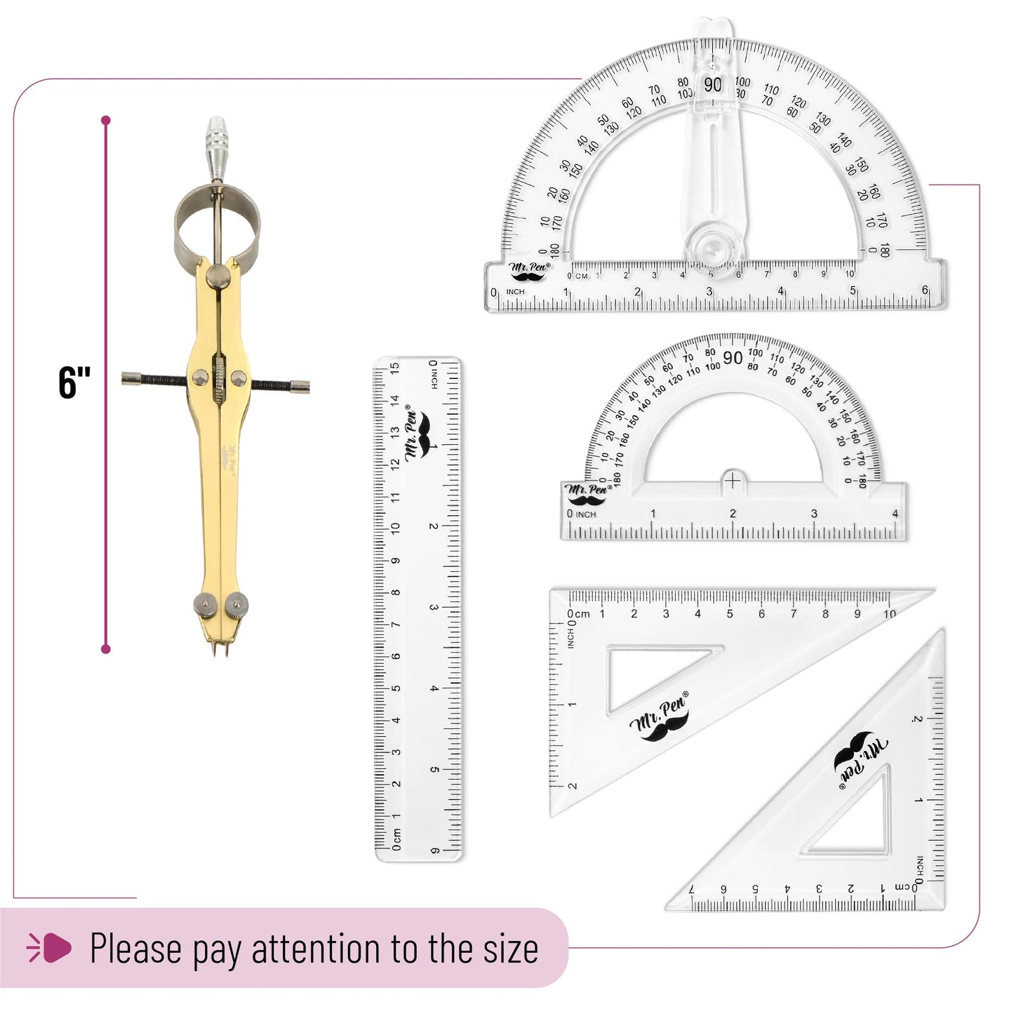 Mr. Pen- Geometry Set, 15 pcs, Gold, 6 Inch Swing Arm Protractor, Divider, Set Squares, Ruler, Compasses and Protractor
