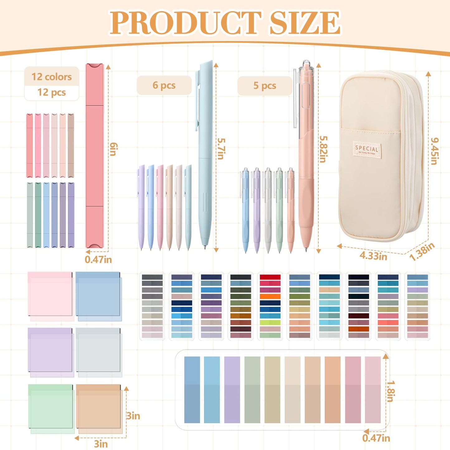 Trandraft 135 Pcs Book Annotation Kit with Pencil Case, 12 Pastel Highlighters, 11 Gel Pens, Fine Marker, 300 Transparent Sticky Notes, 2640 Index Tabs, Bible Study Supplies Kit(Classic,Beige)