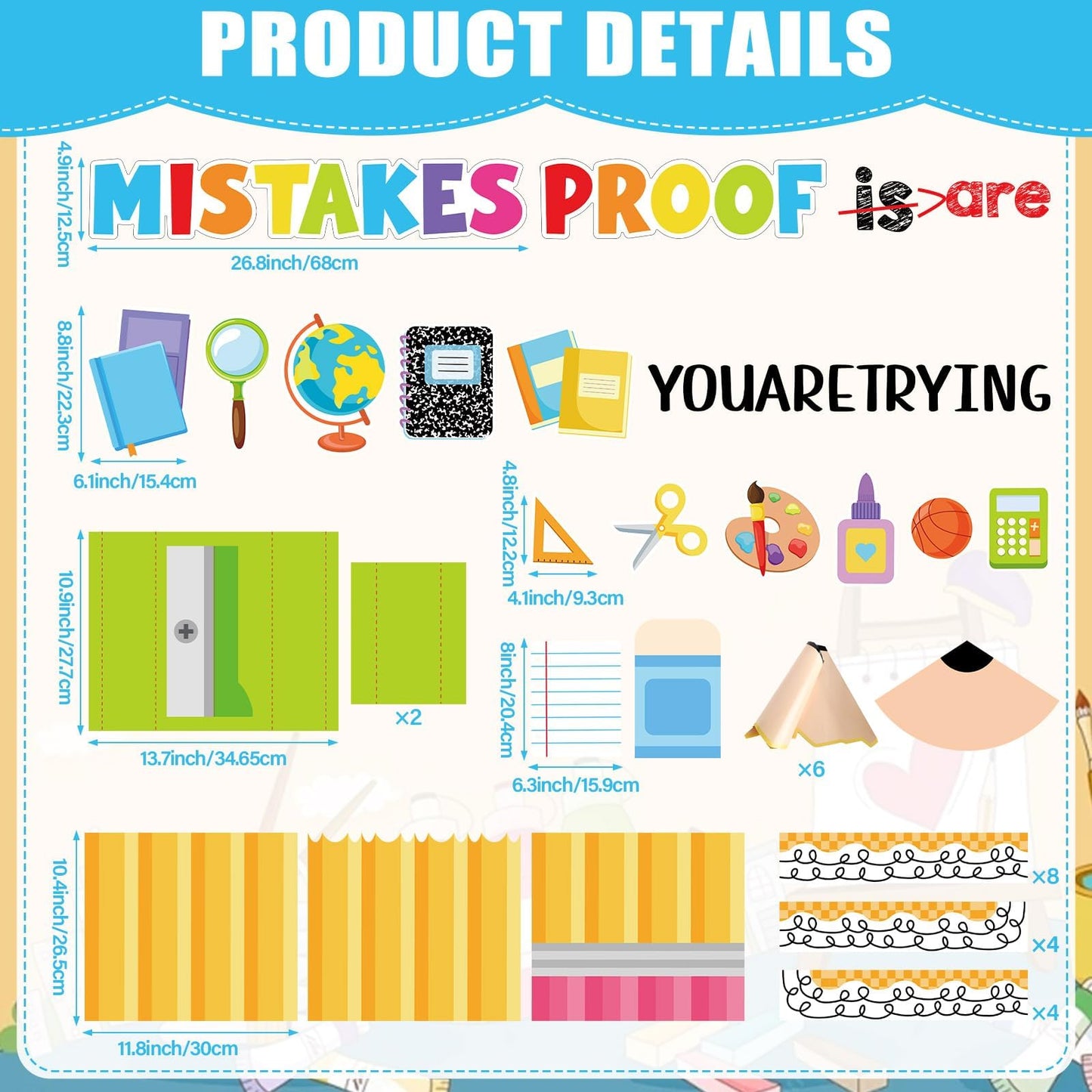 3D Back to School Bulletin Board Set Inspirational Classroom Decoration Educational Pencil Cutouts Mistakes are Proof You are Trying Bulletin Board for Teacher School Home Chalkboard Door Wall Decor